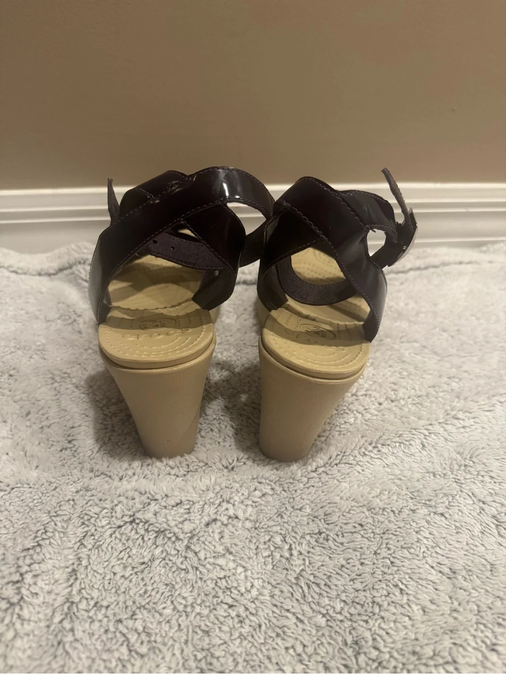CROCS Patent Leather-Look Ankle Strap Wedges in dark purple and Tan